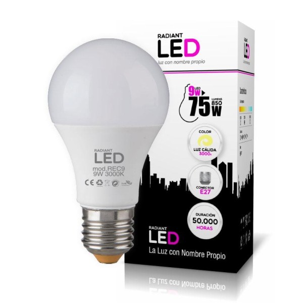 BOMBILLA LED E27 9W 3000K LUZ CÁLIDA 850LM RADIANT LED